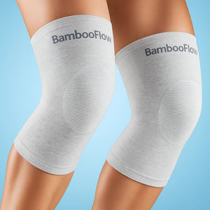 Gray knee sleeves with 'BambooFlow' branding on a blue background