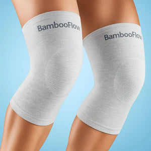 Gray knee sleeves with 'BambooFlow' branding on a blue background