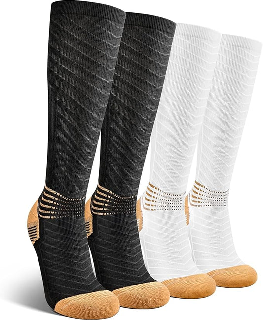 Three pairs of socks in black, gray, and white with gold accents on a white background.
