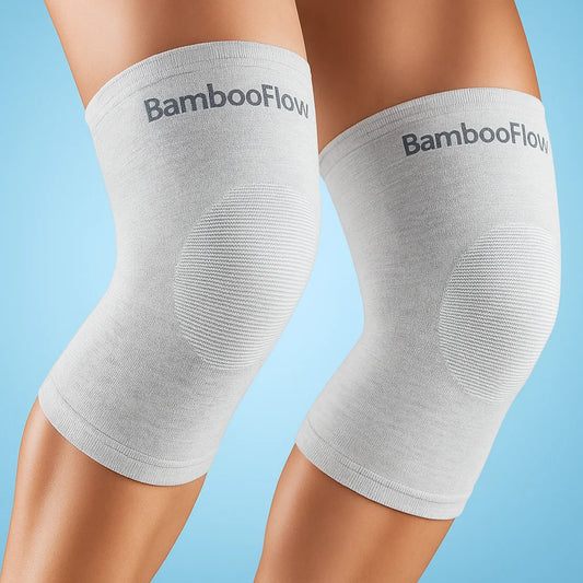 Gray knee sleeves with 'BambooFlow' branding on a blue background