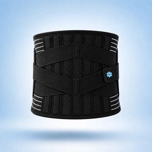 Black waist support belt with a brand logo on a light blue background